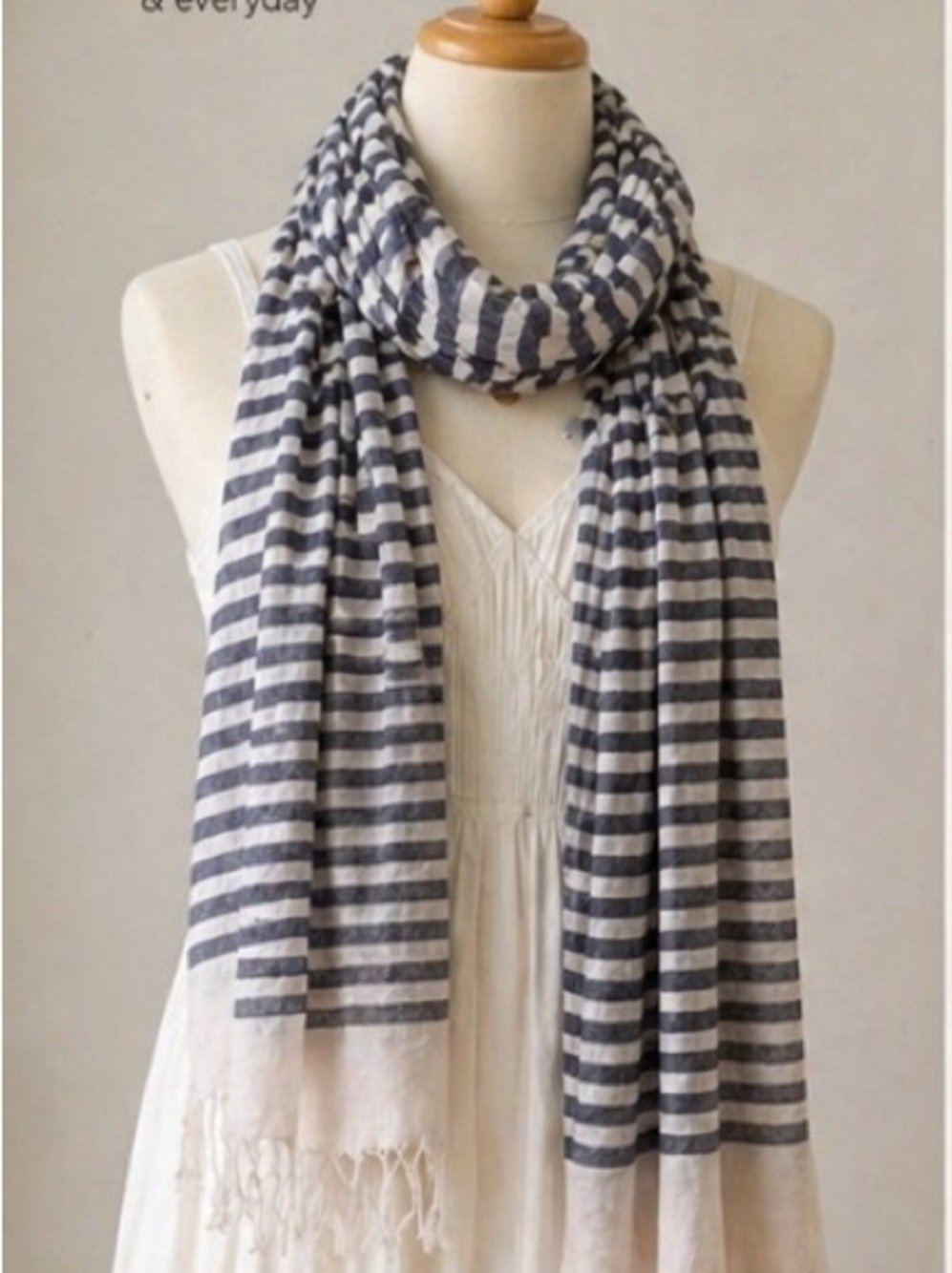 Forever 21 Blue Gray White Striped Fringe Scarf Wrap Shawl